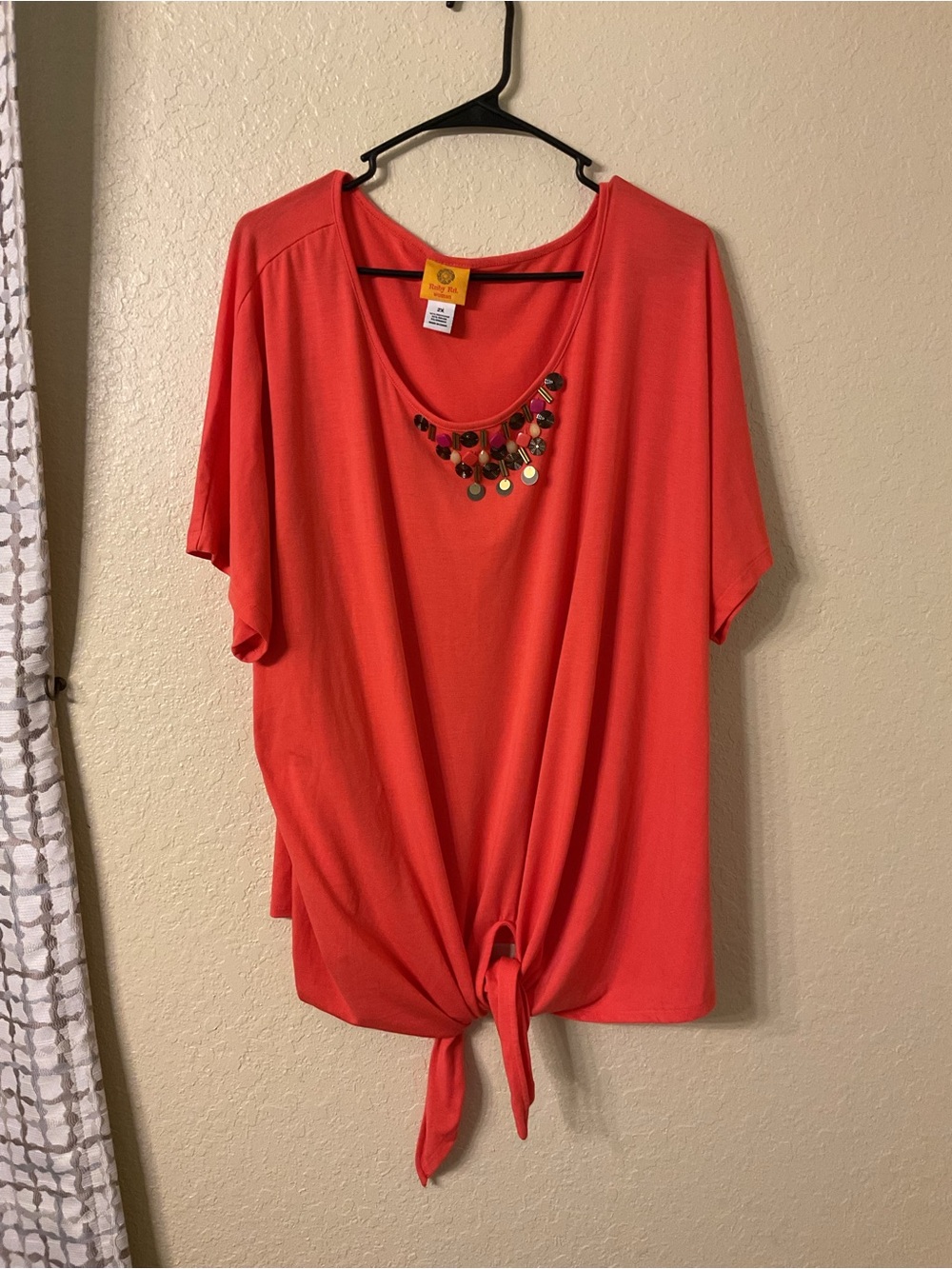 Ruby Rd. Plus Size 2X Coral Embellished Tie-Front Knit Top EUC